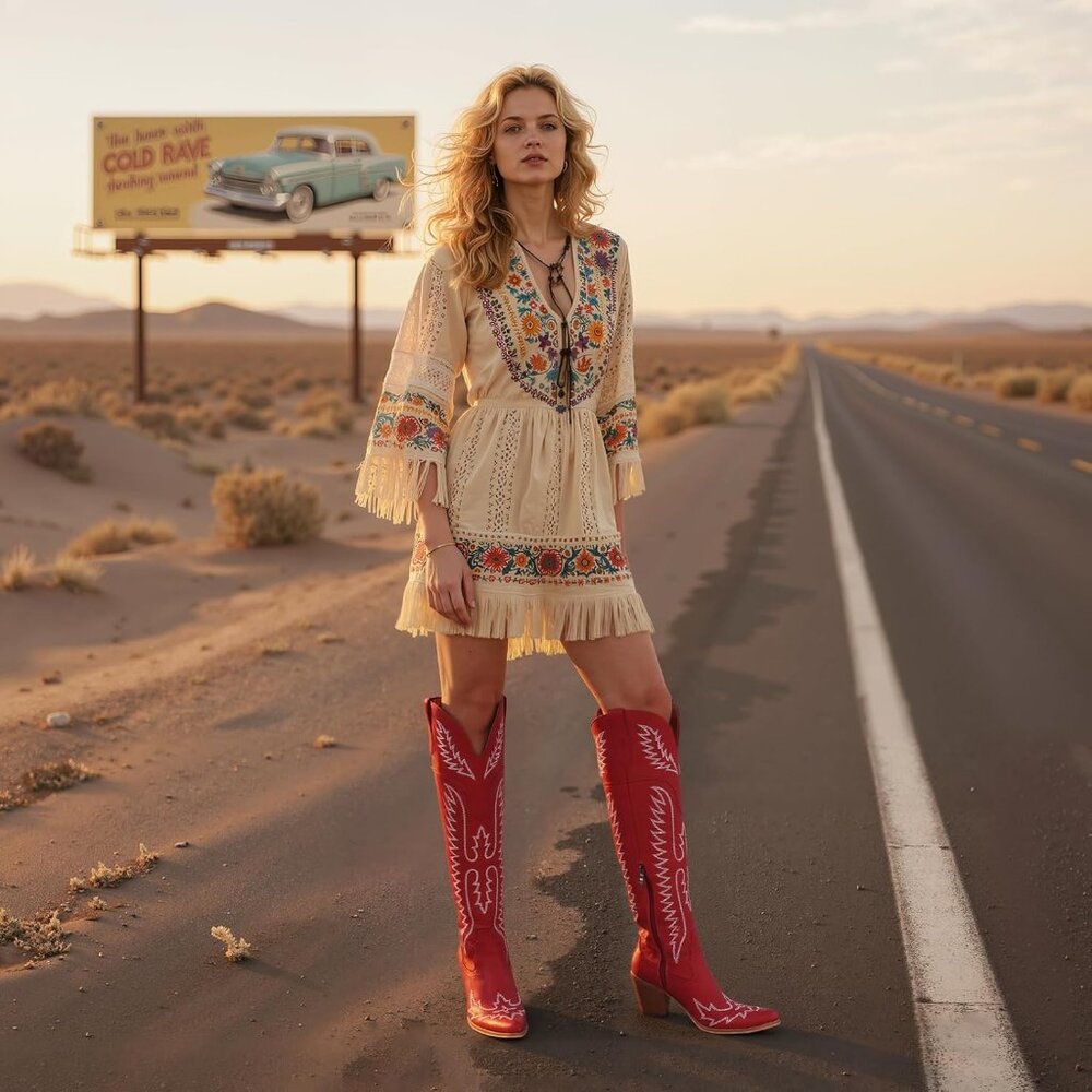 Women Over The Knee Western Boots Classic Embroidered Chunky Heel Slip On Red - Picture 3 of 6